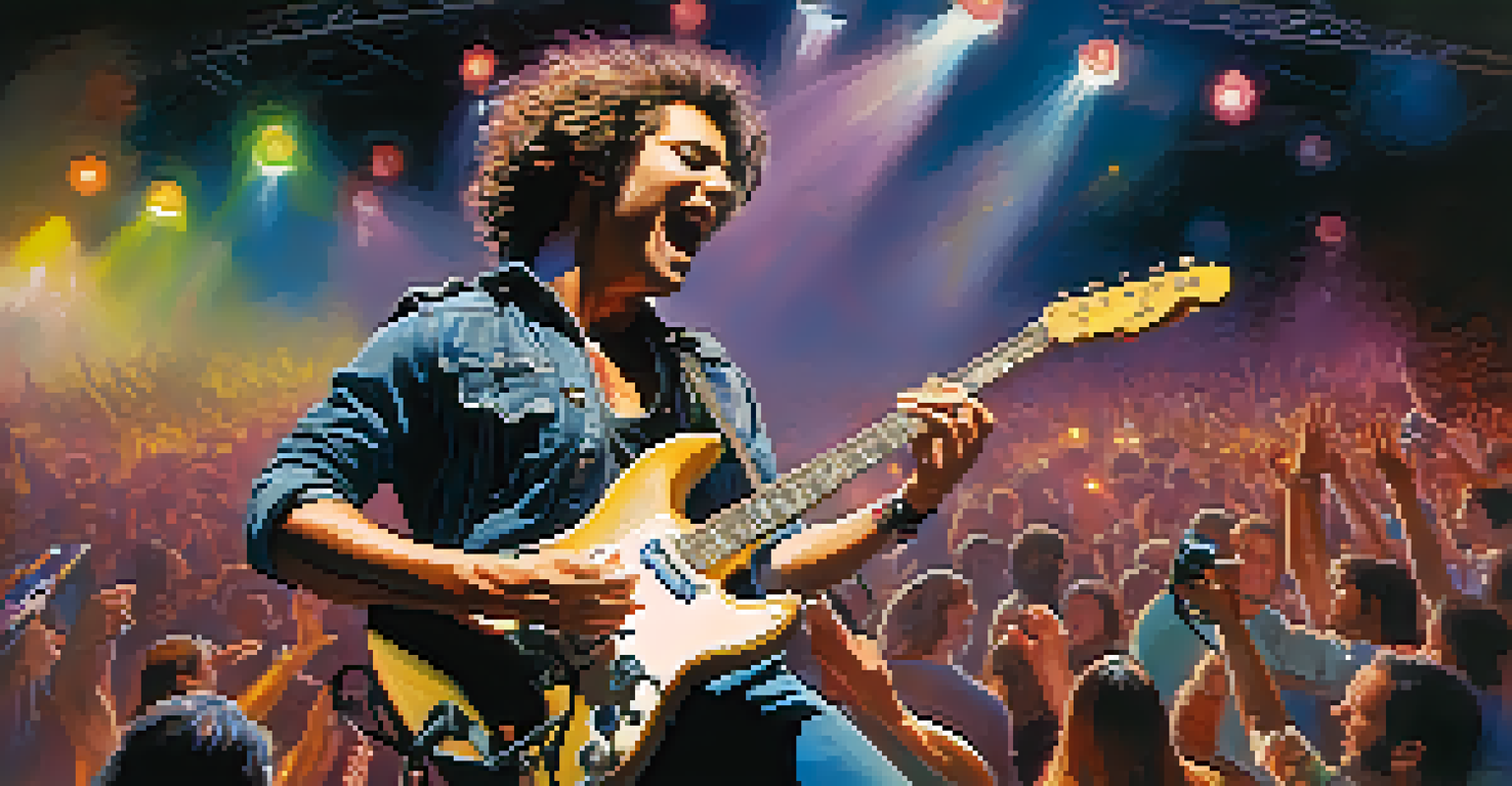 A guitarist on stage performing passionately with vibrant stage lights and an engaged audience in the background.