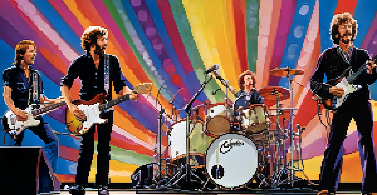 Eric Clapton performing with the supergroup Cream on stage, surrounded by colorful lights and an energetic crowd.