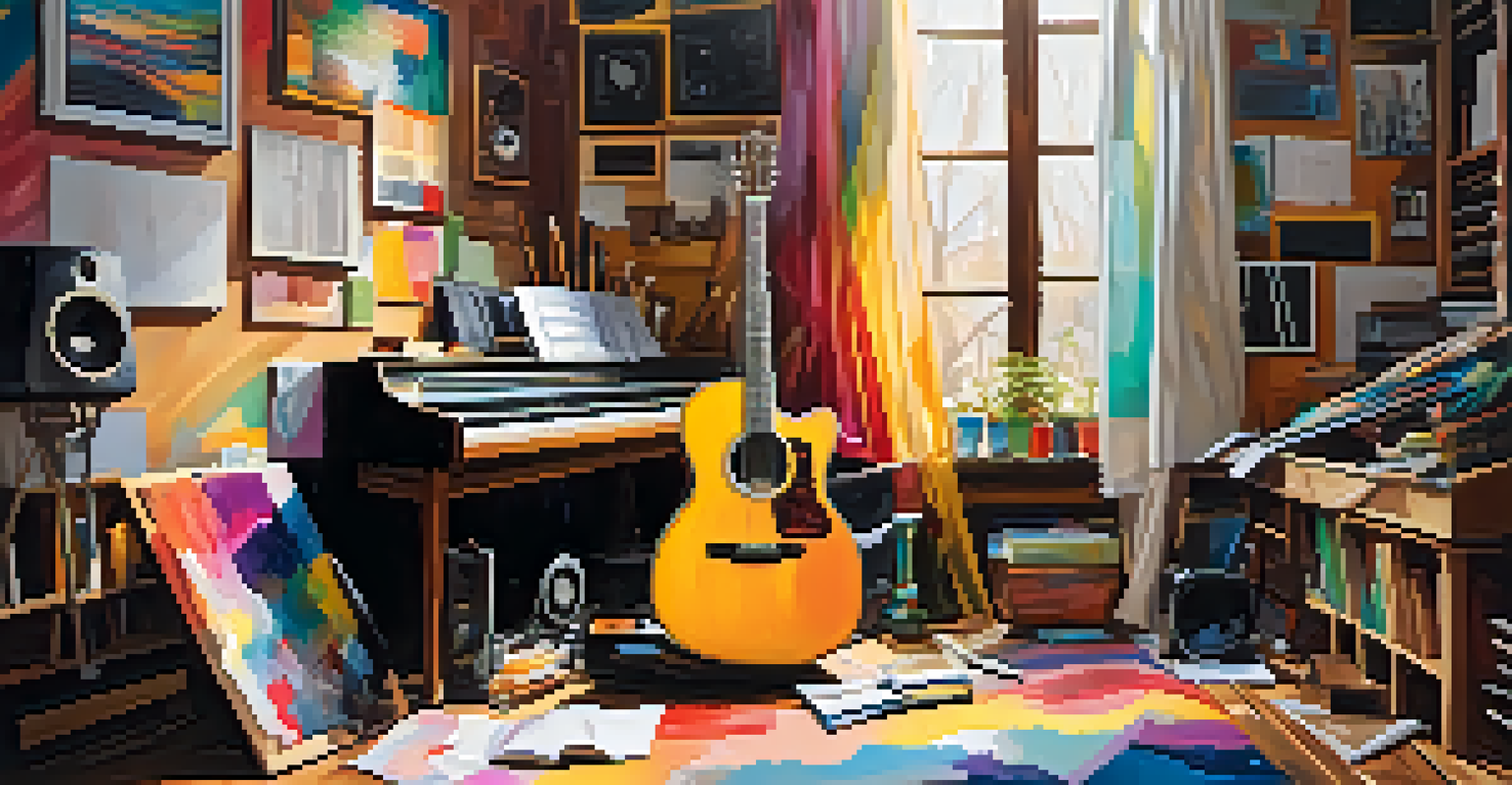 An artistic workspace with a guitar, paint supplies, and music sheets, bathed in bright light.