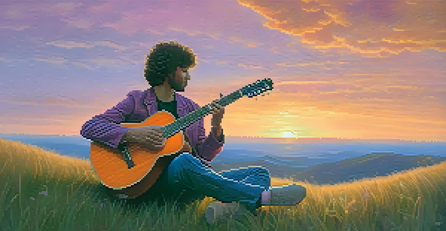 A guitarist sitting on a hill at sunset, playing a guitar with a colorful sky in the background.