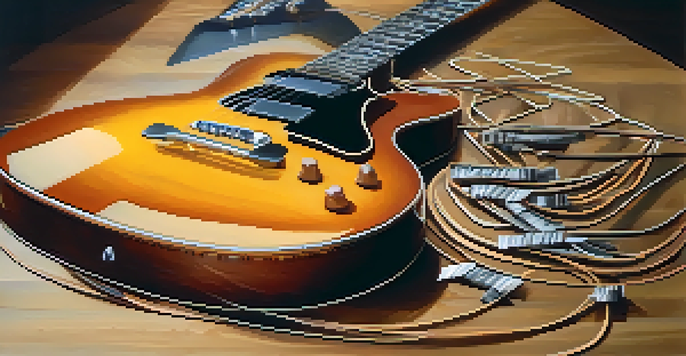 A detailed view of different types of guitar strings on a wooden surface, including gut, nylon, and coated metal strings, with soft lighting.