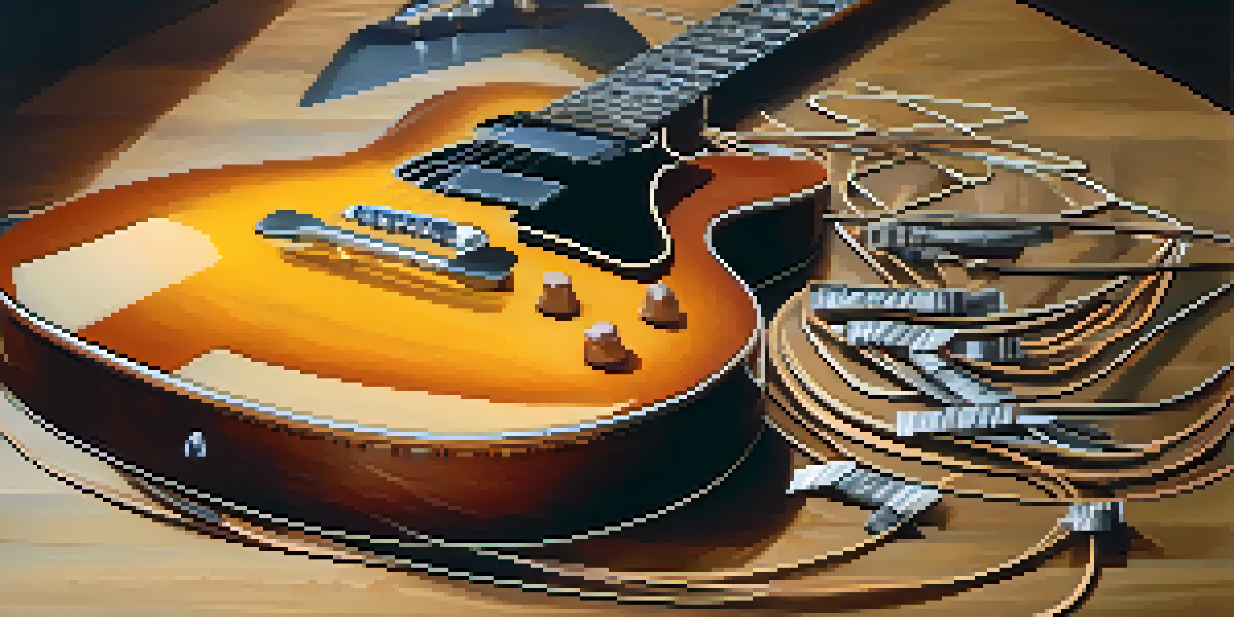 A detailed view of different types of guitar strings on a wooden surface, including gut, nylon, and coated metal strings, with soft lighting.