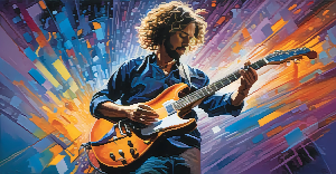 An abstract depiction of a guitarist on stage with colorful swirls and dynamic lighting around them.