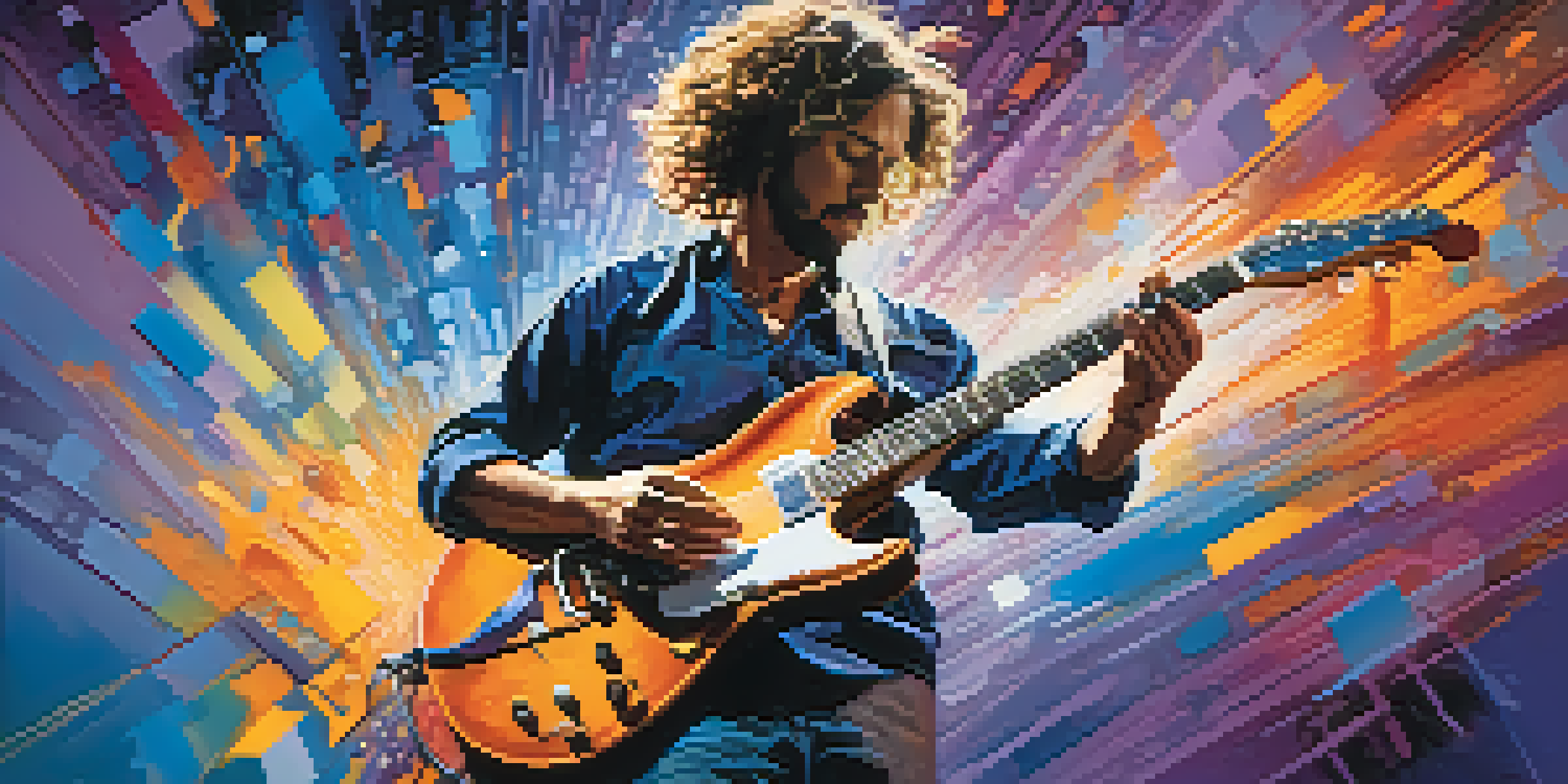 An abstract depiction of a guitarist on stage with colorful swirls and dynamic lighting around them.