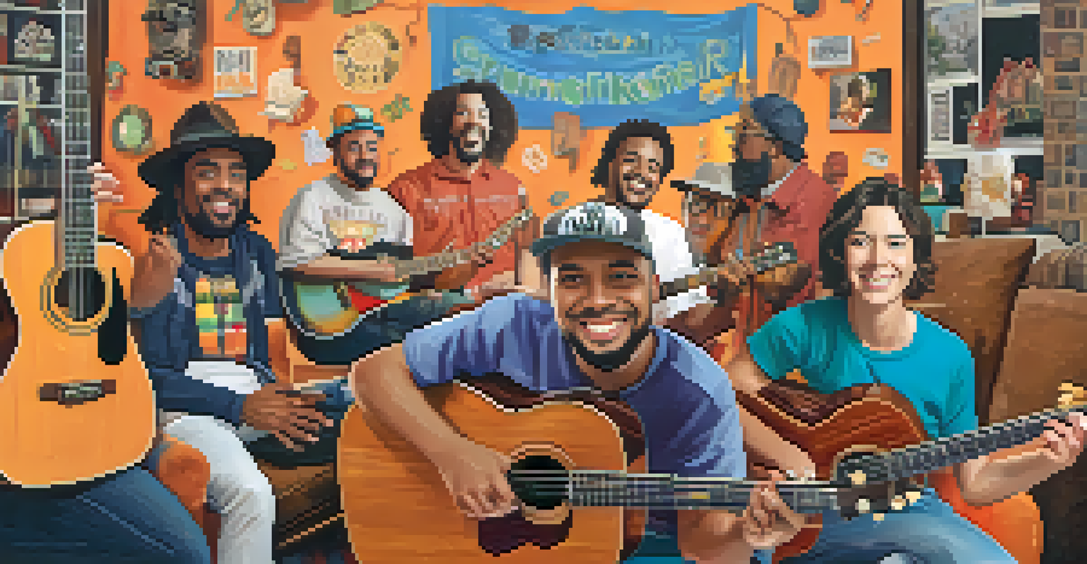 A collage of local musicians participating in a virtual guitar fundraiser, each in their home setting and showcasing their guitars.