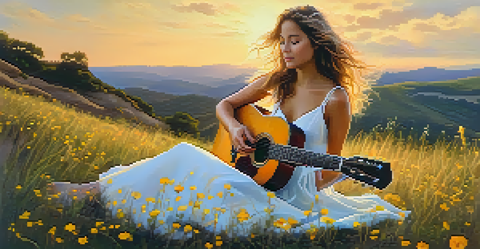 A young woman sitting on a grassy hill playing an acoustic guitar during sunset, surrounded by wildflowers.