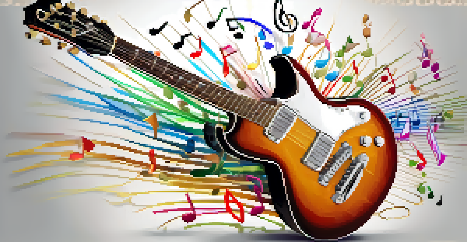 An artistic image of a guitar surrounded by swirling musical notes, illustrating dynamics in music.