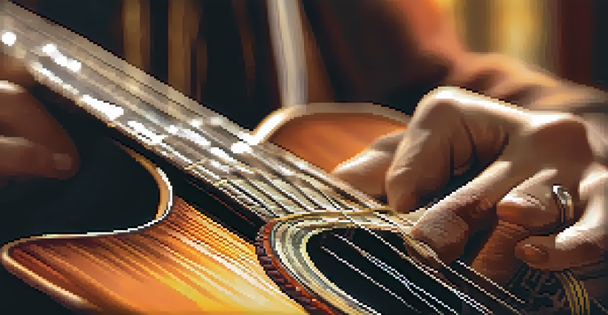 A guitarist's hands playing on a guitar neck, highlighting the fingers on the frets and the vibrant strings.
