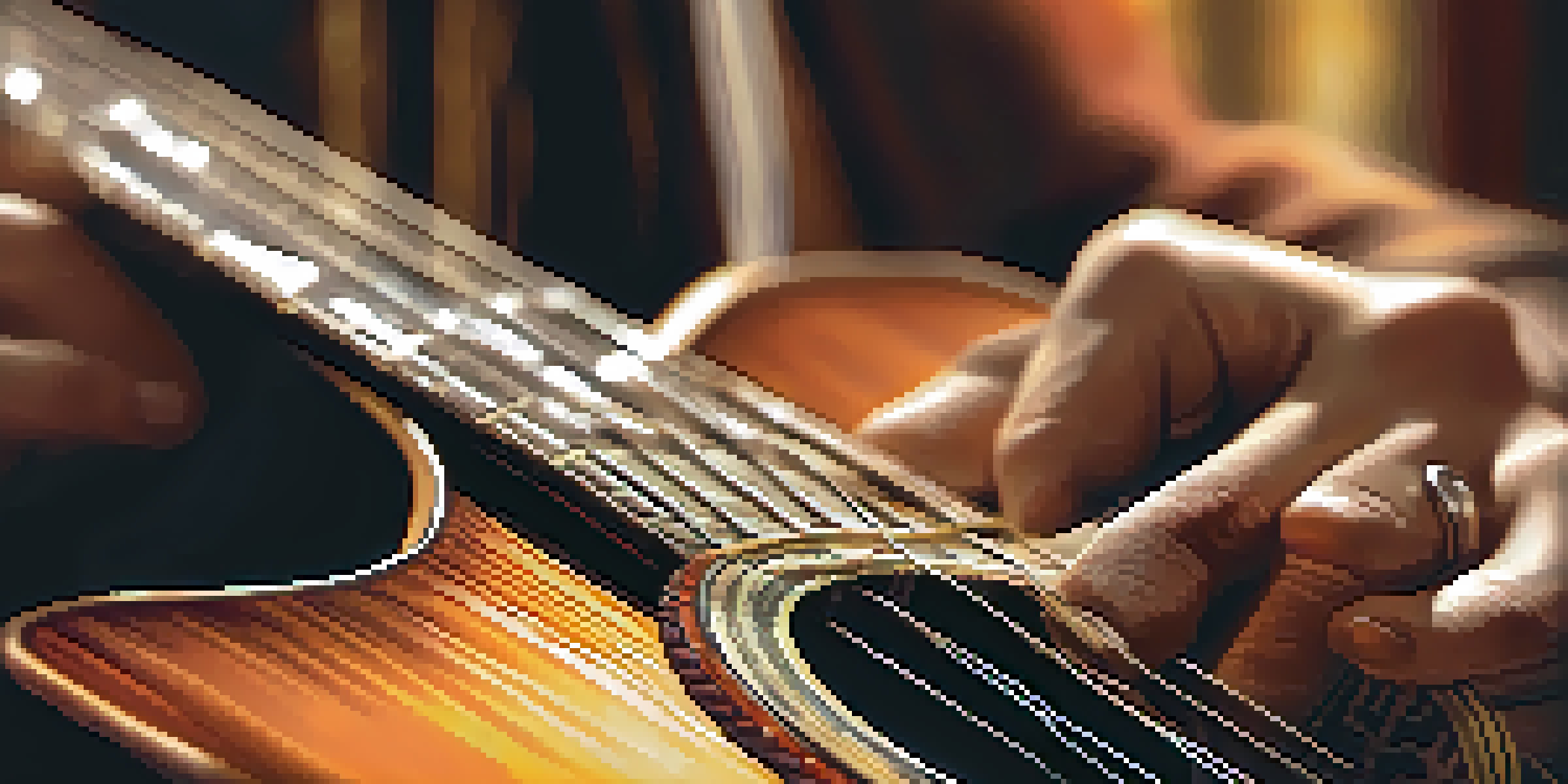 A guitarist's hands playing on a guitar neck, highlighting the fingers on the frets and the vibrant strings.