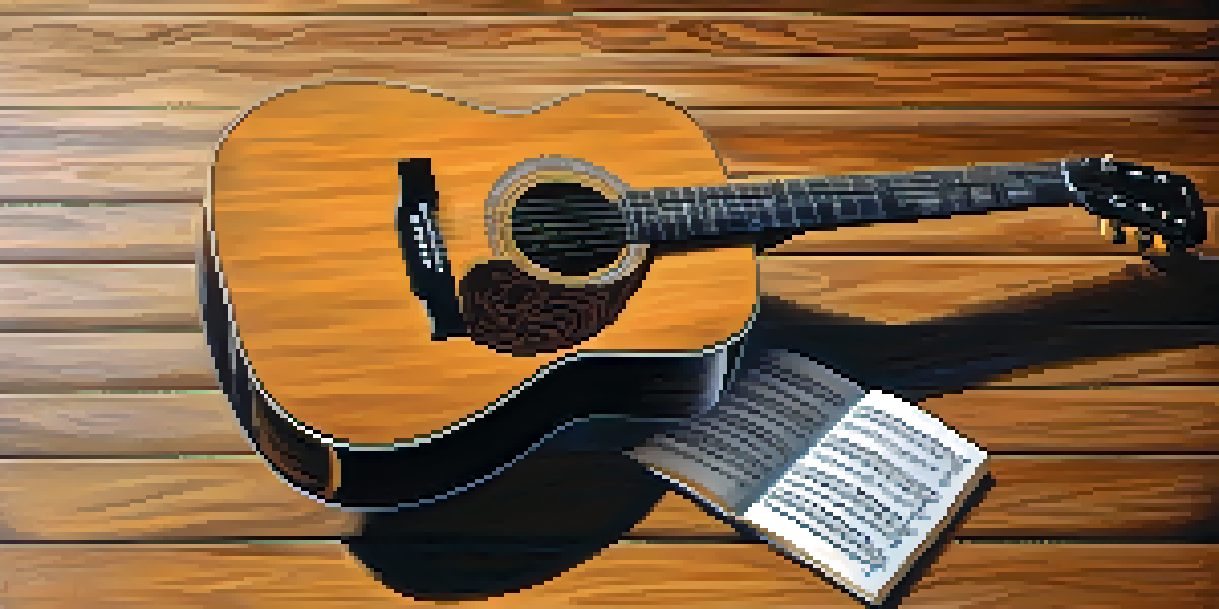 An acoustic guitar against a wooden background with soft lighting, surrounded by sheet music notes.