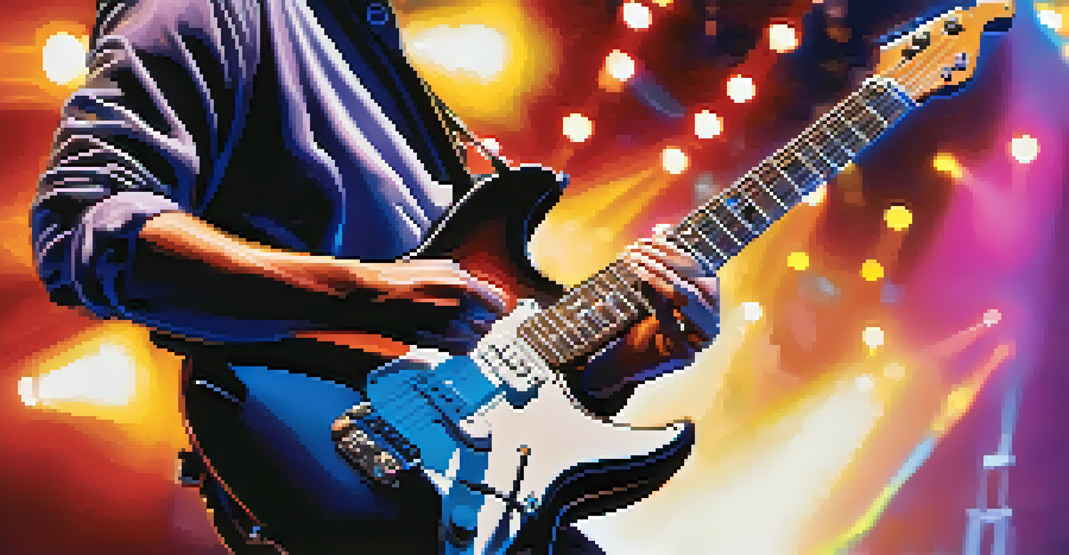 A close-up of a guitarist's hands playing an electric guitar on stage, with colorful lights in the background.