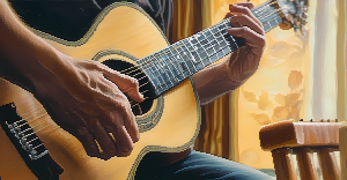 A guitarist's hands demonstrating hybrid picking technique on an acoustic guitar with a blurred background.