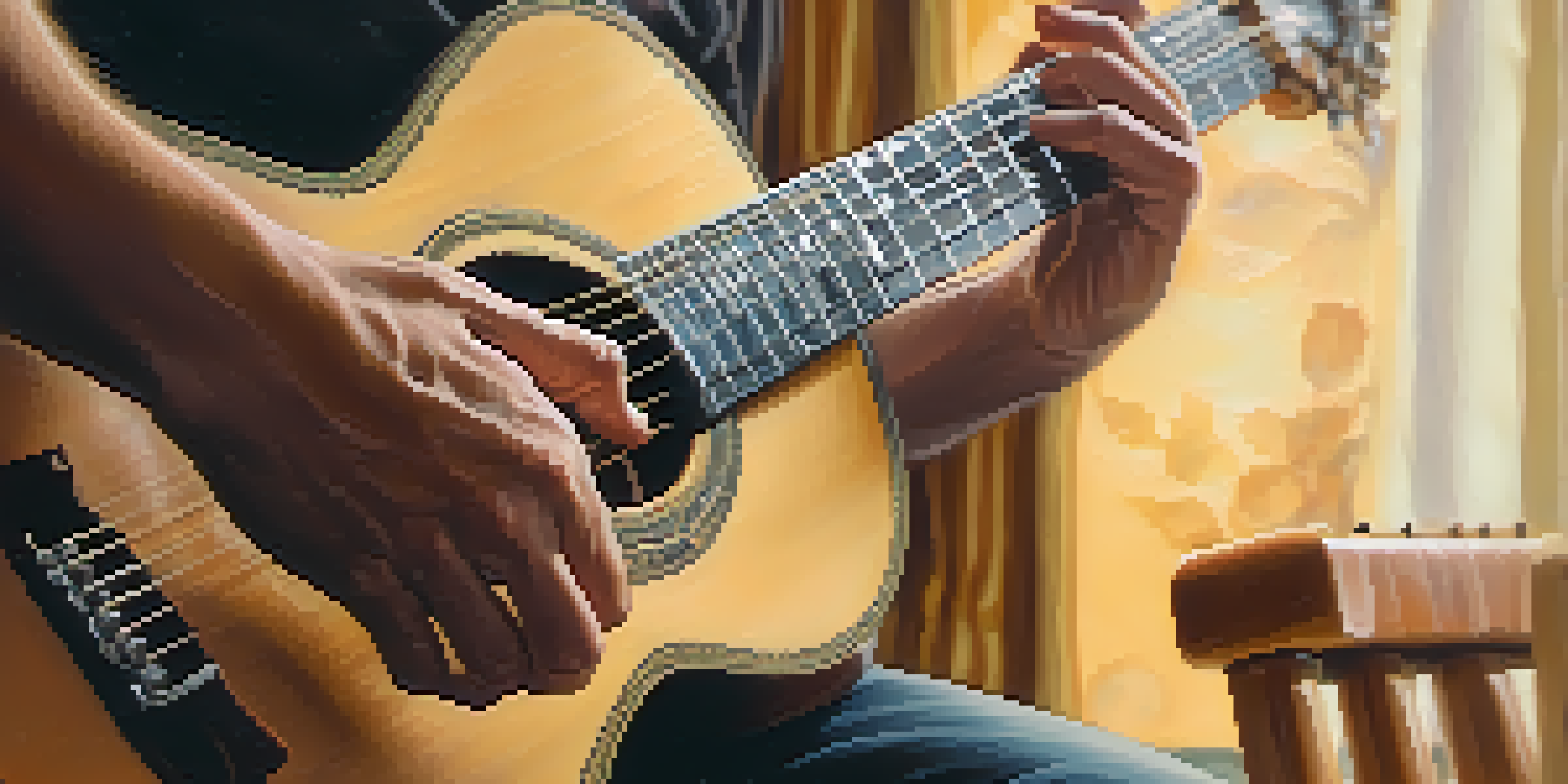 A guitarist's hands demonstrating hybrid picking technique on an acoustic guitar with a blurred background.