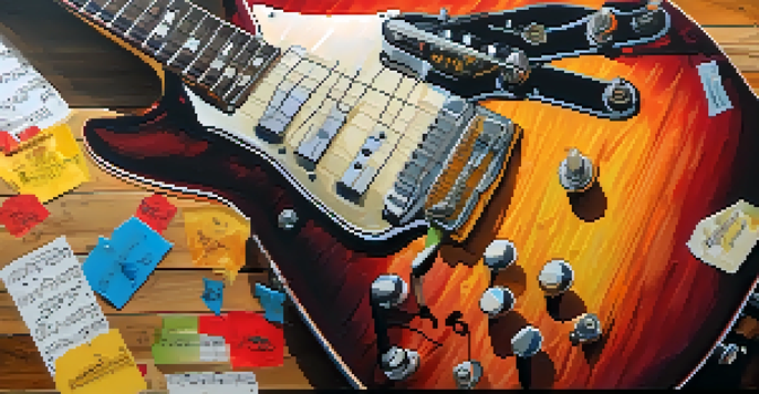 A close-up of a colorful electric guitar on a wooden surface, illuminated by sunlight with sheet music beside it.
