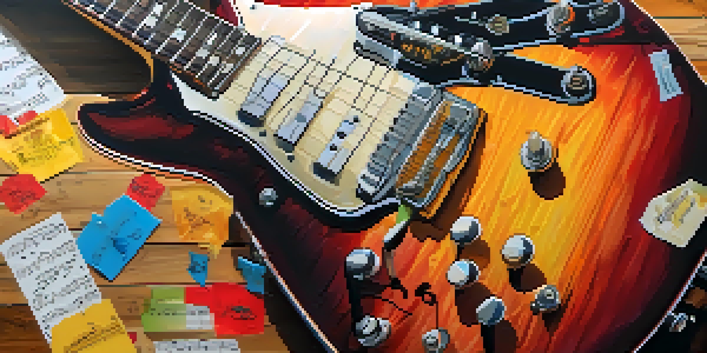 A close-up of a colorful electric guitar on a wooden surface, illuminated by sunlight with sheet music beside it.