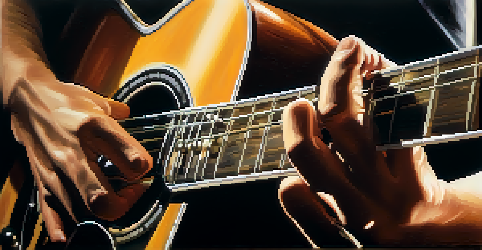 Close-up of a guitarist's hands playing a hollow-body guitar on stage, with soft lighting and blurred musicians in the background.