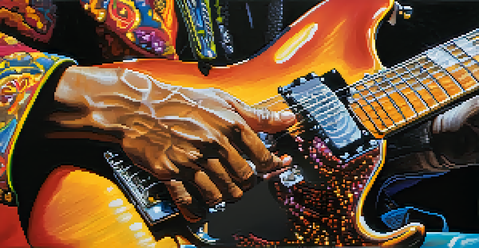 Close-up view of Jimi Hendrix's hands playing a guitar with effects pedals visible.