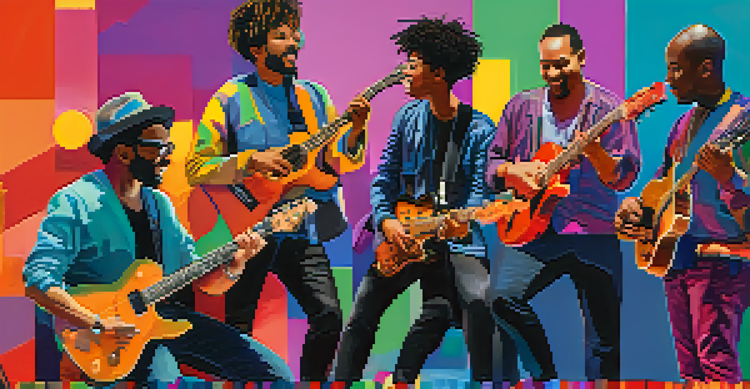 A group of diverse musicians collaborating in an online guitar community, displayed on a computer screen with musical notes in the background.