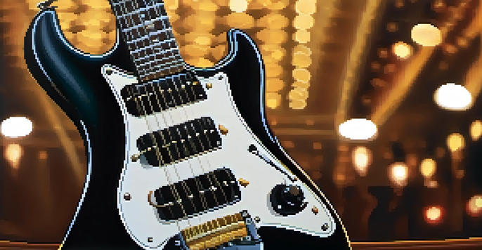 A close-up view of an electric guitar showcasing detailed strings and fretboard, with blurred silhouettes of musicians in the background.