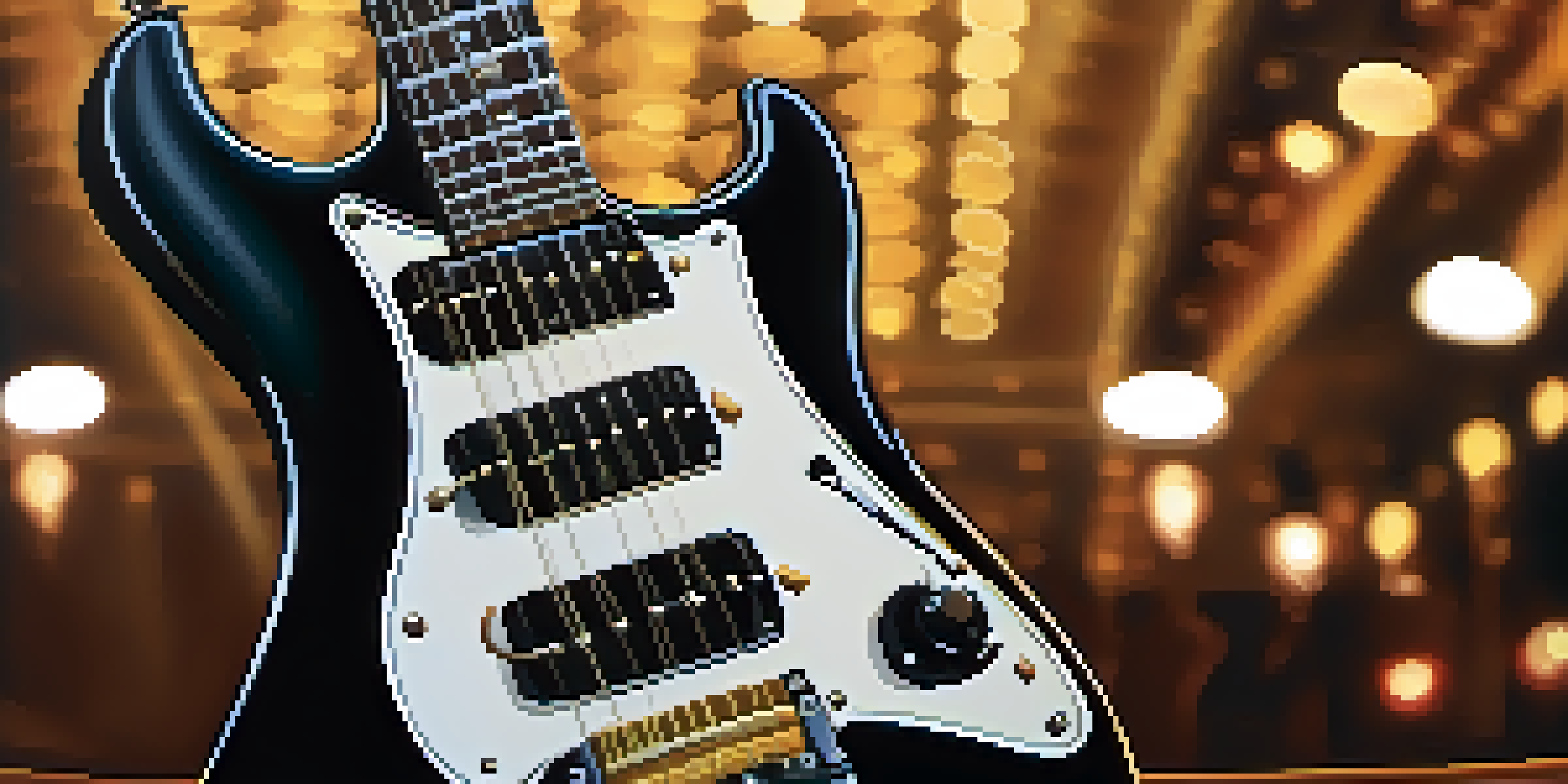A close-up view of an electric guitar showcasing detailed strings and fretboard, with blurred silhouettes of musicians in the background.