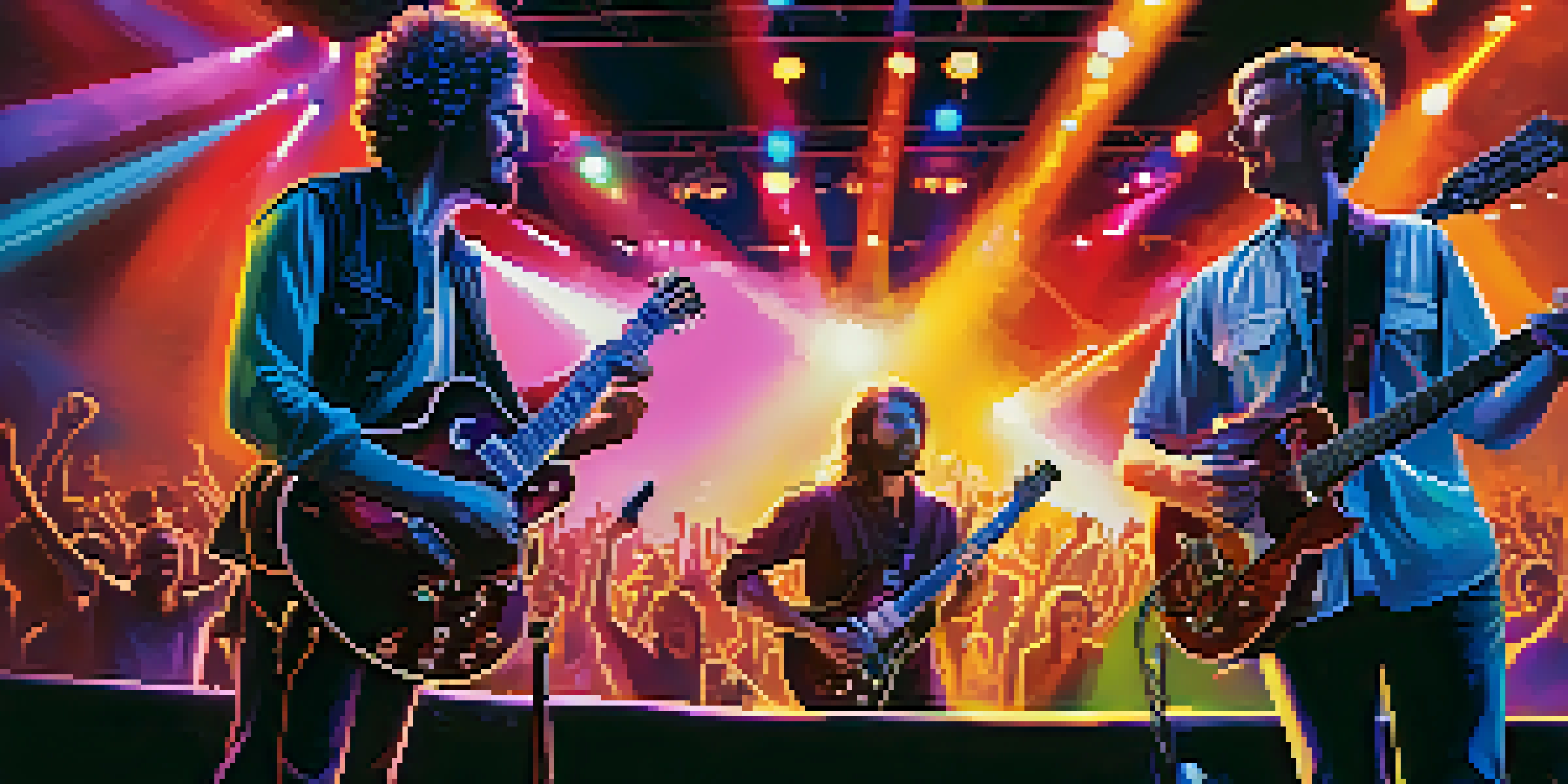 Two guitarists performing on stage with bright lights, surrounded by an engaged audience.