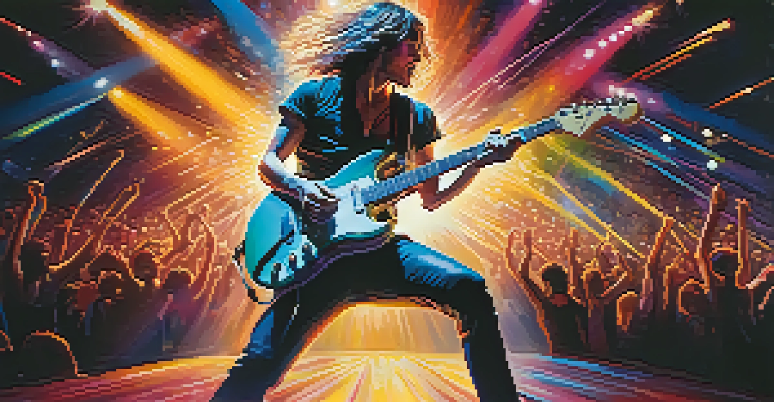 A guitarist performing on stage during a heavy metal concert with colorful lights and an energetic crowd.