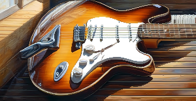 A close-up of a worn electric guitar on a wooden table with sunlight highlighting its details and a vintage amplifier in the background.