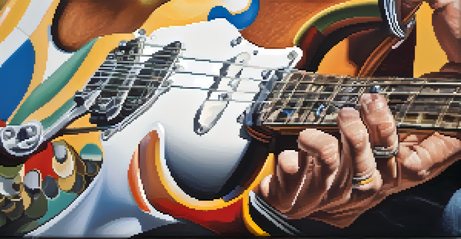 Close-up of a guitarist's hands playing a Fender Stratocaster at a live concert.