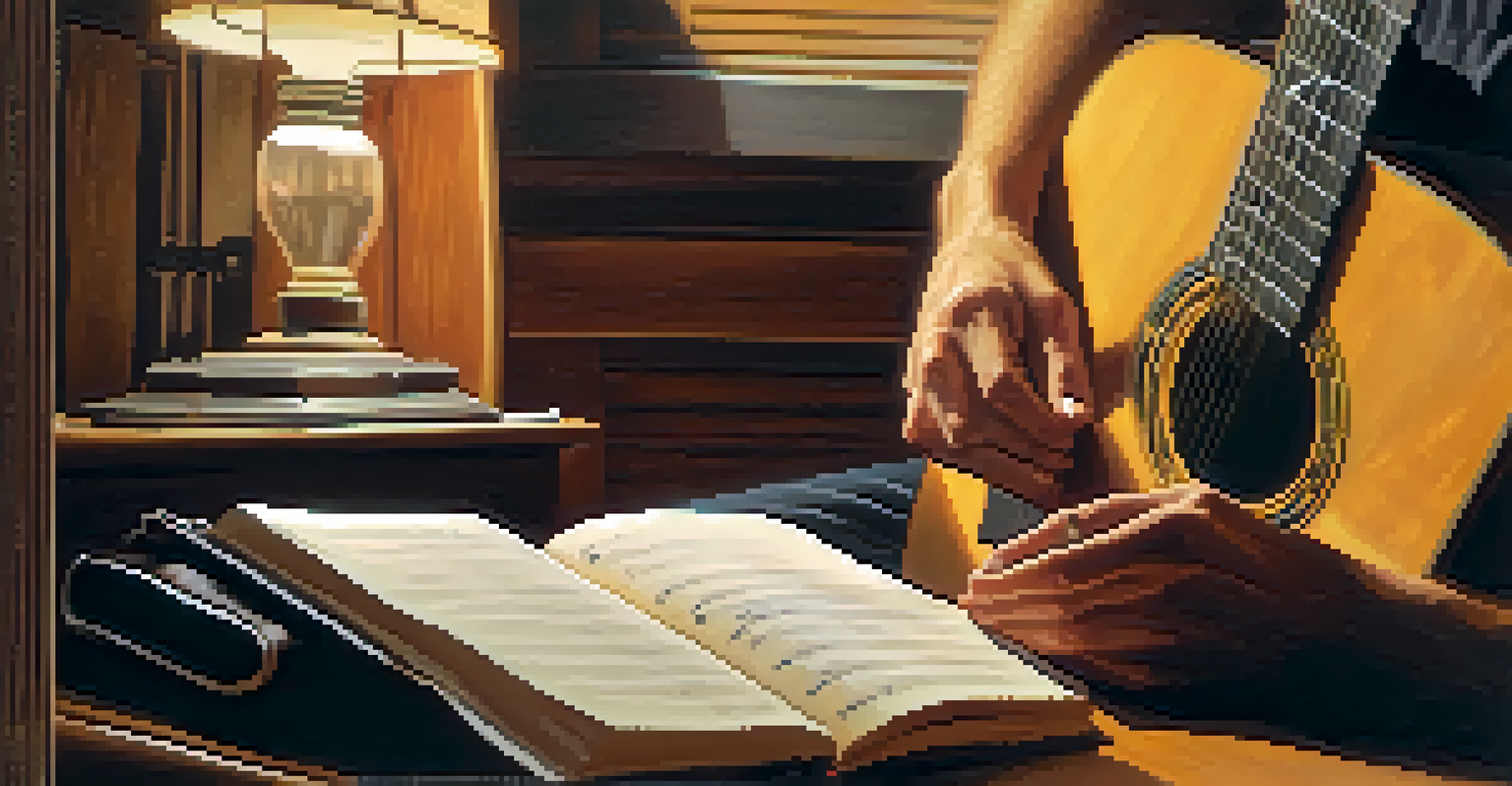 Close-up of a guitarist's hands playing an acoustic guitar in a cozy indoor setting.
