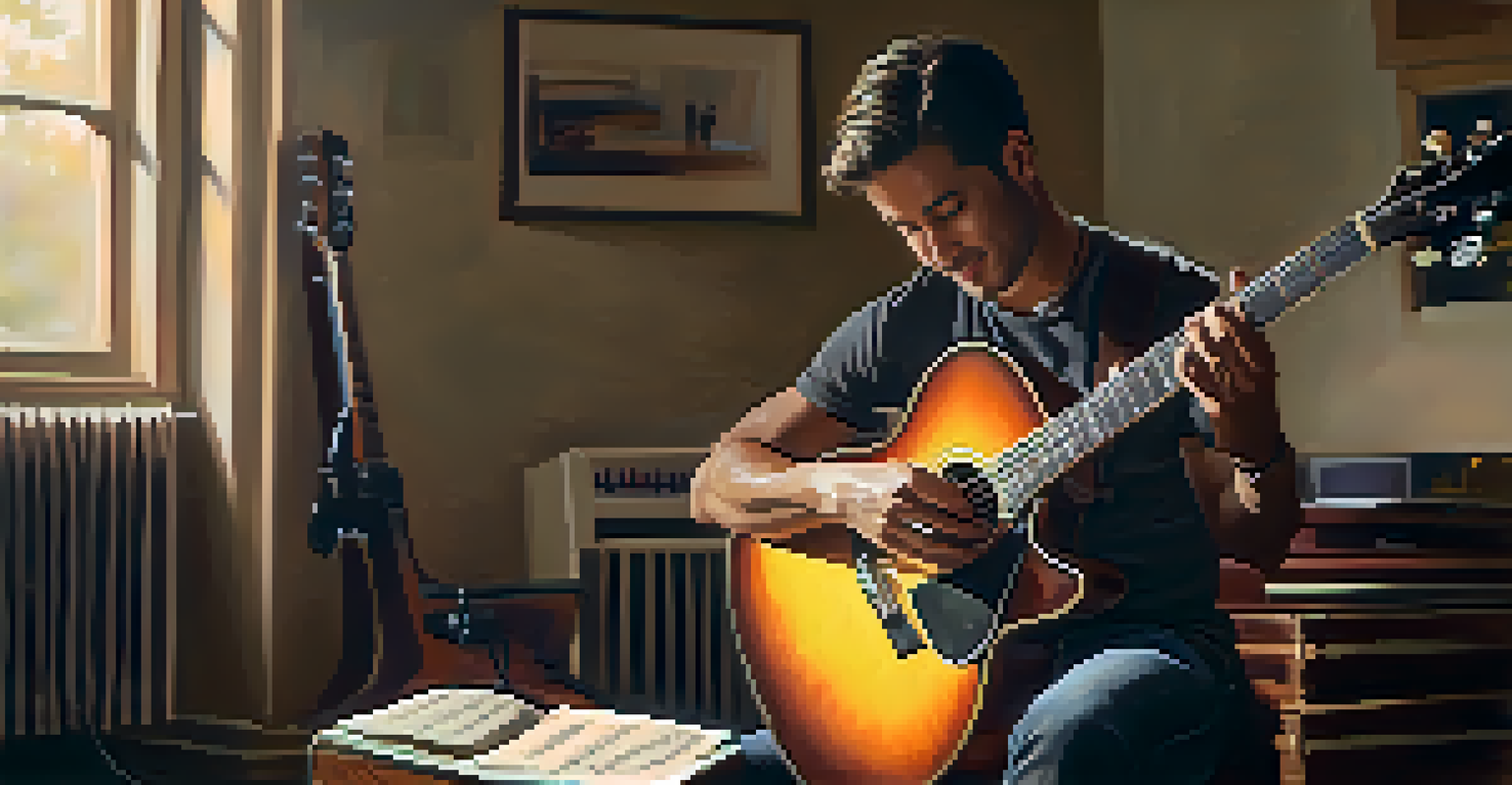 A musician testing a newly upgraded electric guitar in a cozy room.