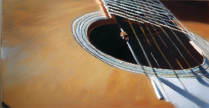A close-up view of an acoustic guitar on a wooden surface with soft natural light and blurred sheet music in the background.