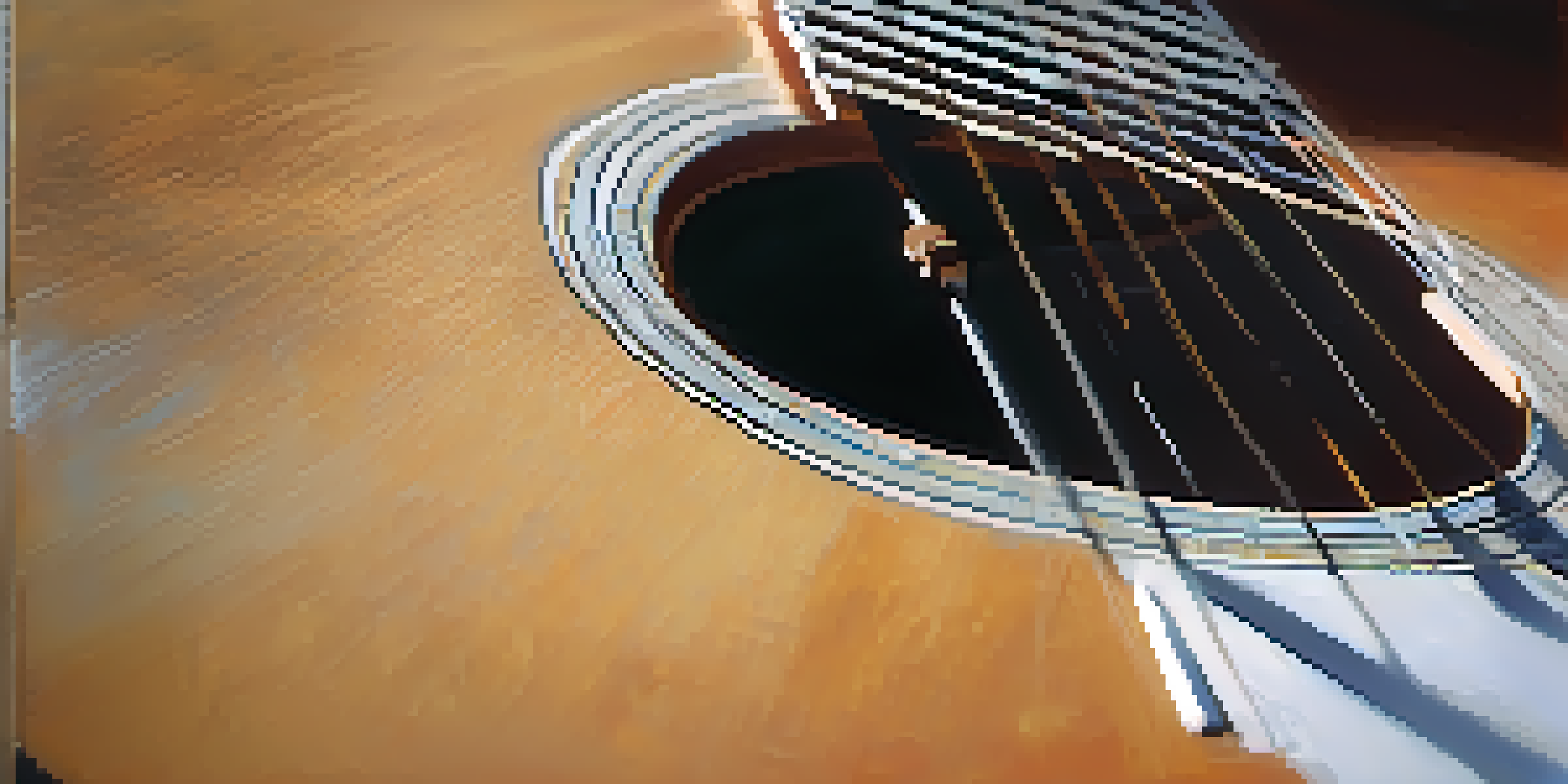 A close-up view of an acoustic guitar on a wooden surface with soft natural light and blurred sheet music in the background.