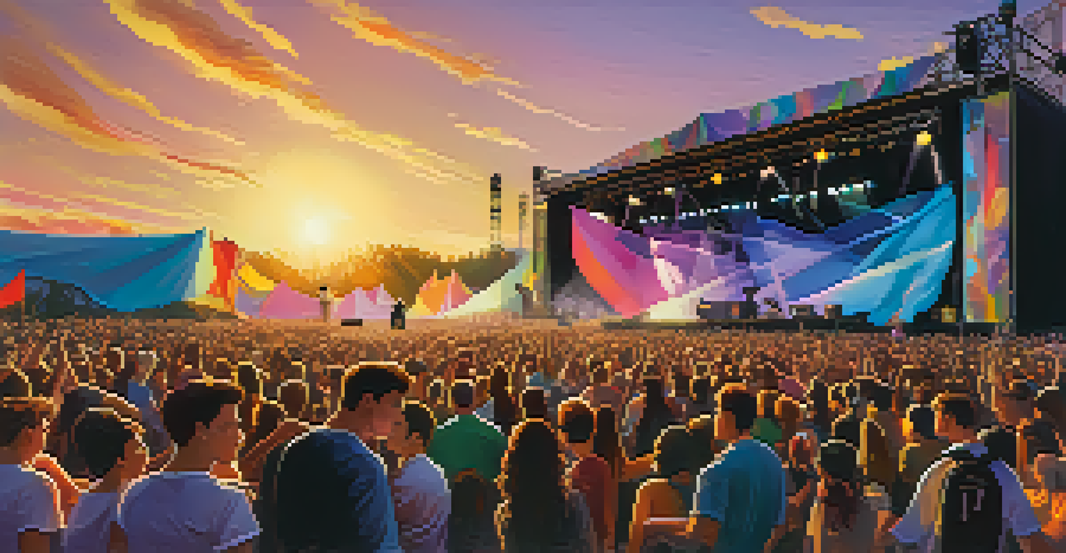 An outdoor music festival with a guitarist on stage and enthusiastic fans, illuminated by a sunset glow.