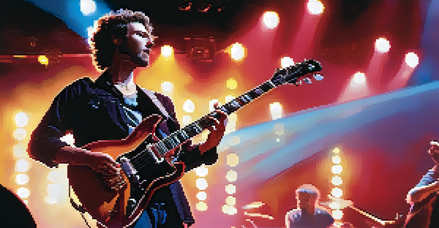 A musician performing on stage with an electric guitar, illuminated by vibrant stage lights, engaging with an enthusiastic audience.
