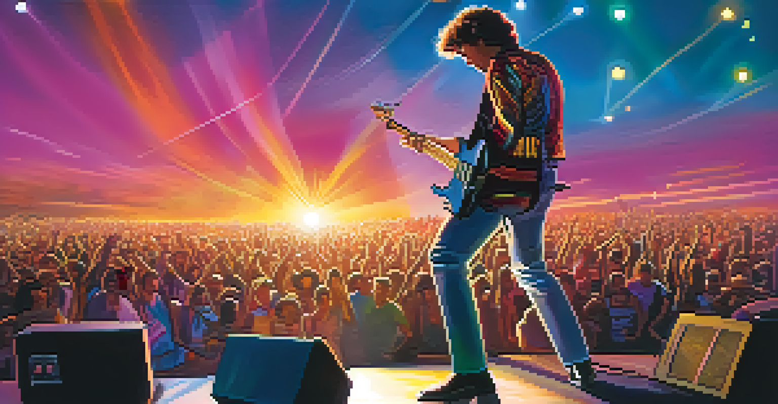 A guitarist performing on stage at sunset with a vibrant audience enjoying the music.