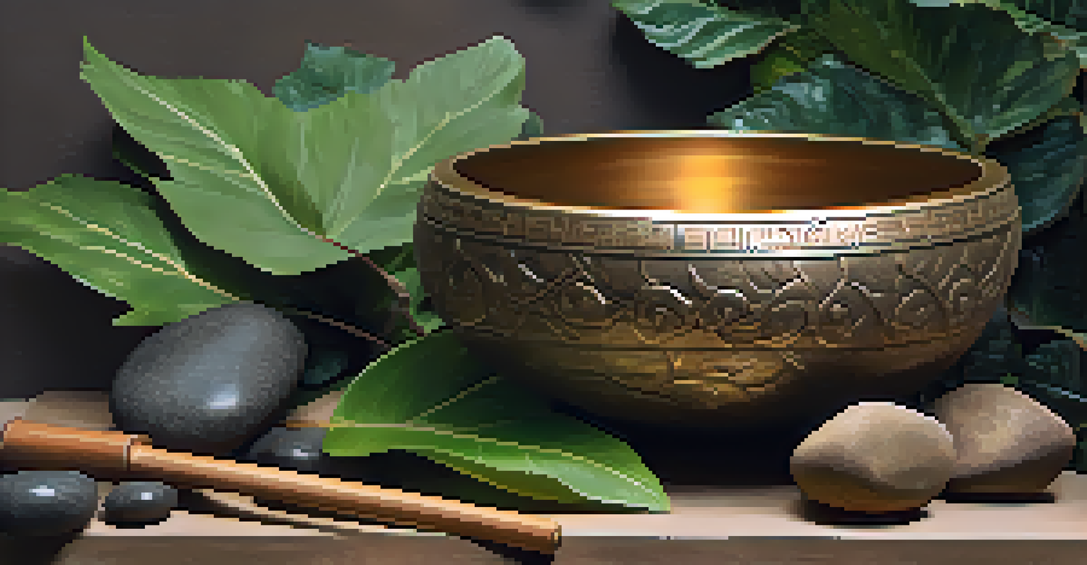 A singing bowl surrounded by stones and leaves, illuminated softly, creating a calming and meditative atmosphere.