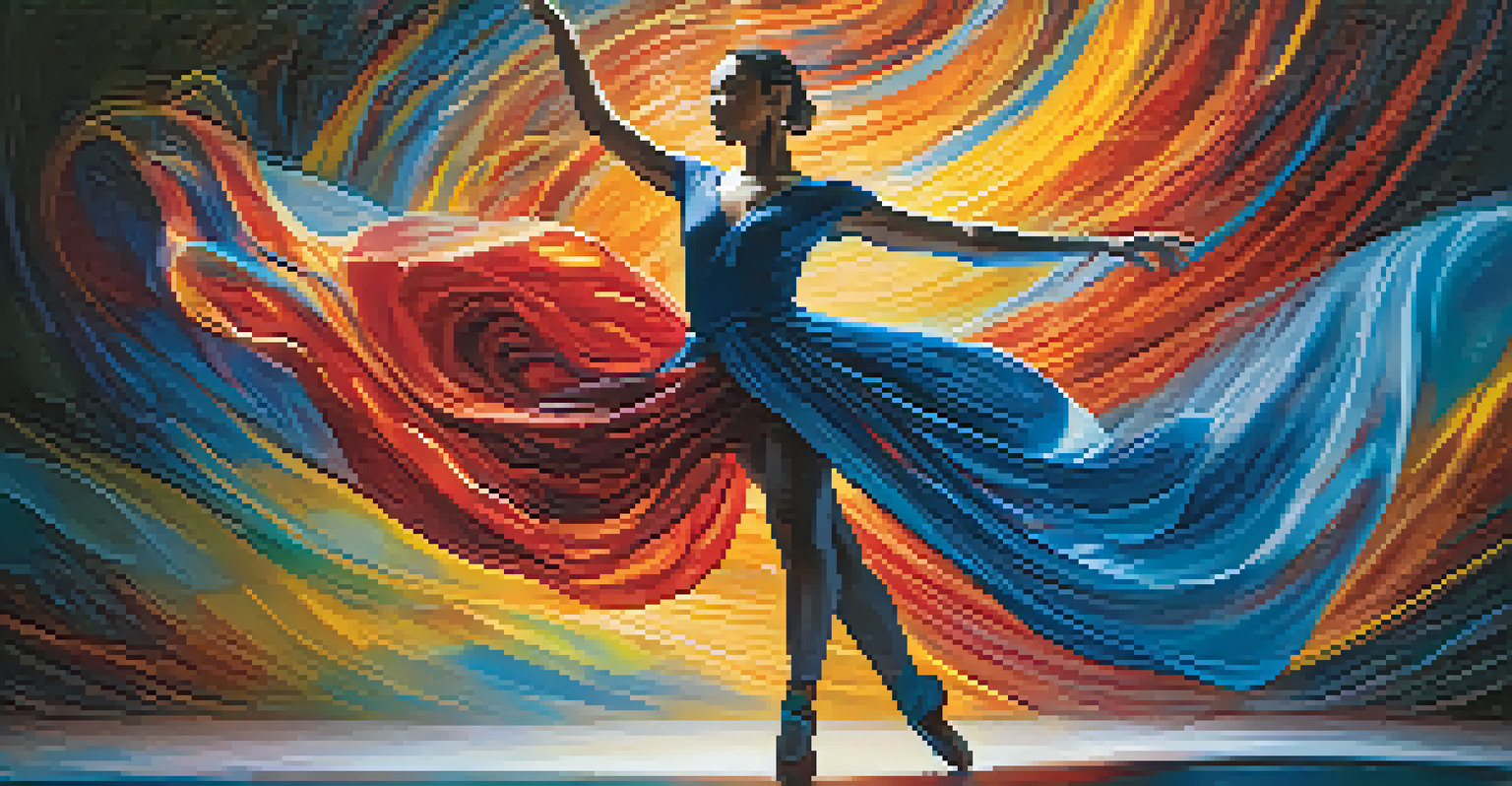 A dancer performing gracefully on stage with colorful lights surrounding them.