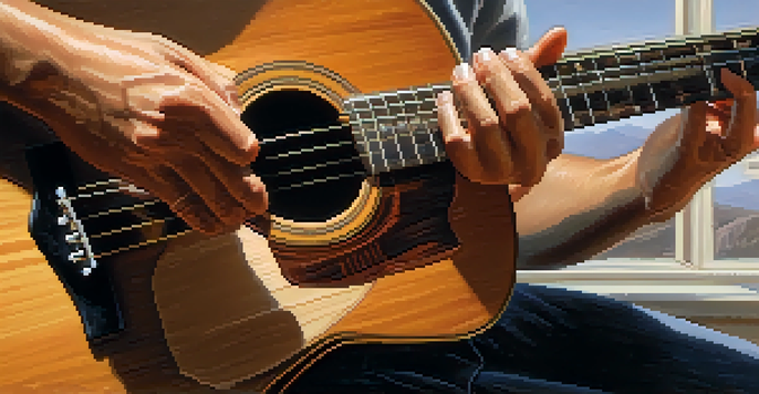 A close-up of a guitarist's hands performing fingerpicking on an acoustic guitar, showcasing the intricate movements and the guitar's wooden texture under soft light.