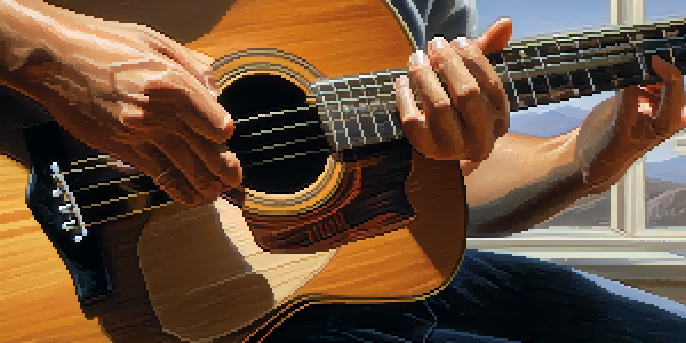 A close-up of a guitarist's hands performing fingerpicking on an acoustic guitar, showcasing the intricate movements and the guitar's wooden texture under soft light.