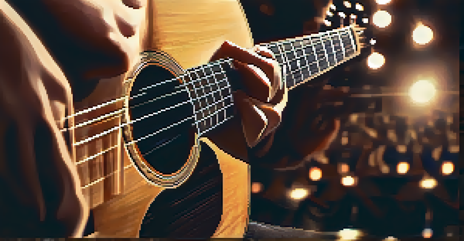 Close-up of a guitarist's hands strumming an acoustic guitar with a blurred silhouette of a vocalist in the background.