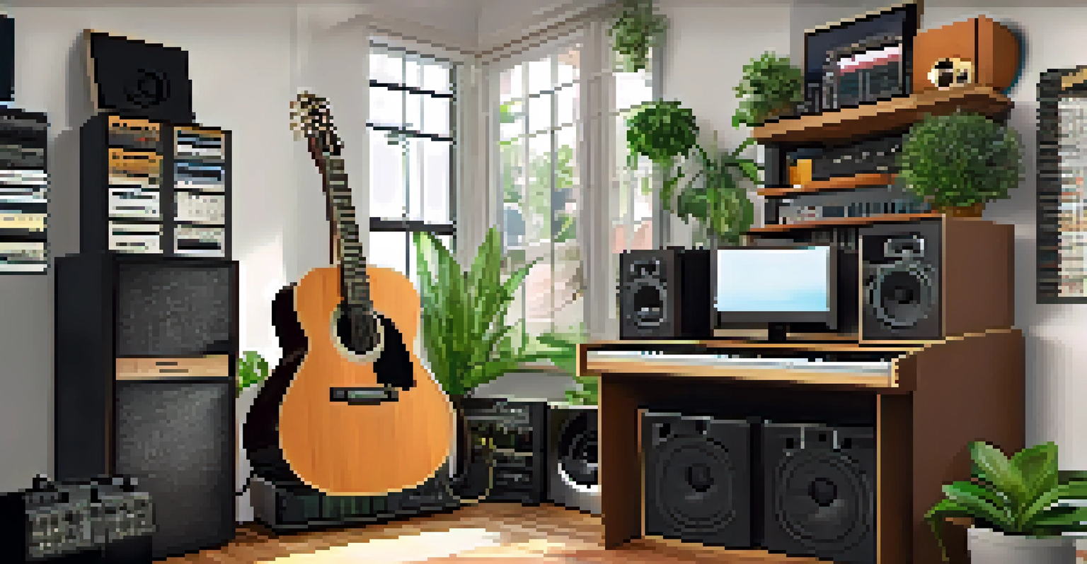 A well-organized music studio workspace with guitars on the wall, a mixing console, and a laptop, surrounded by plants.