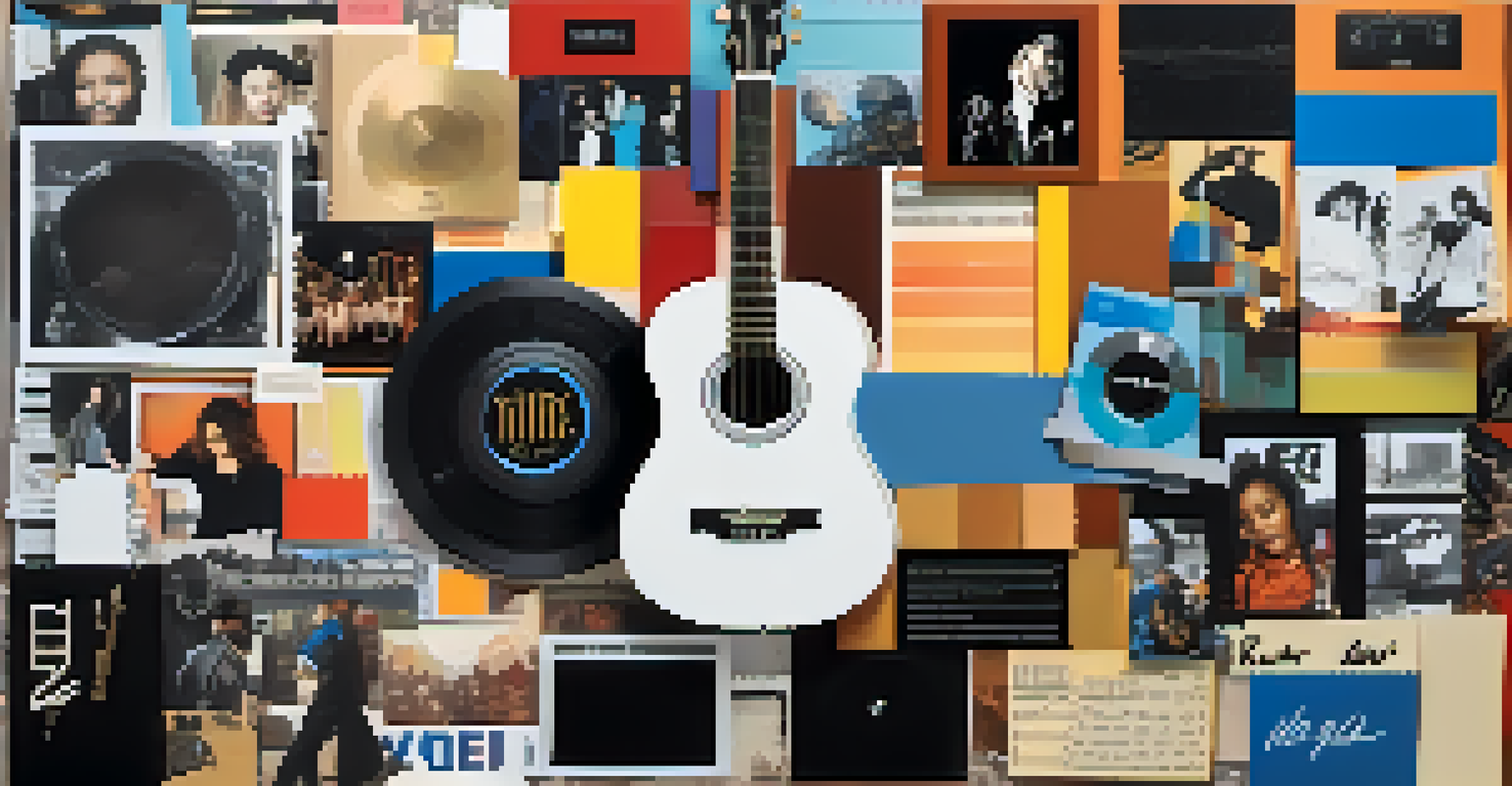 A visually engaging mood board featuring images of musicians, musical notes, and color swatches, with a guitar at the center representing various musical influences.