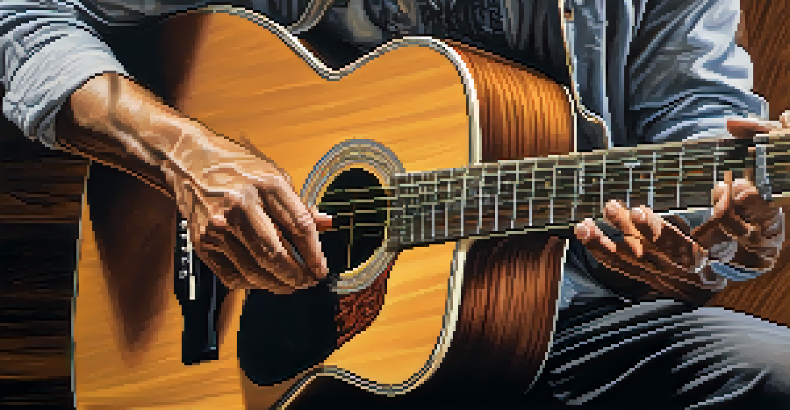 A close-up of a guitarist's hands playing an acoustic guitar, showcasing the guitar's details and texture.