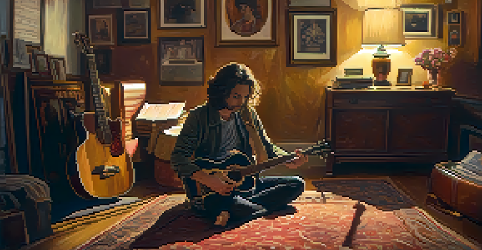 A guitarist in a cozy room, sitting cross-legged on a rug with eyes closed, visualizing performance, surrounded by music sheets and a guitar.