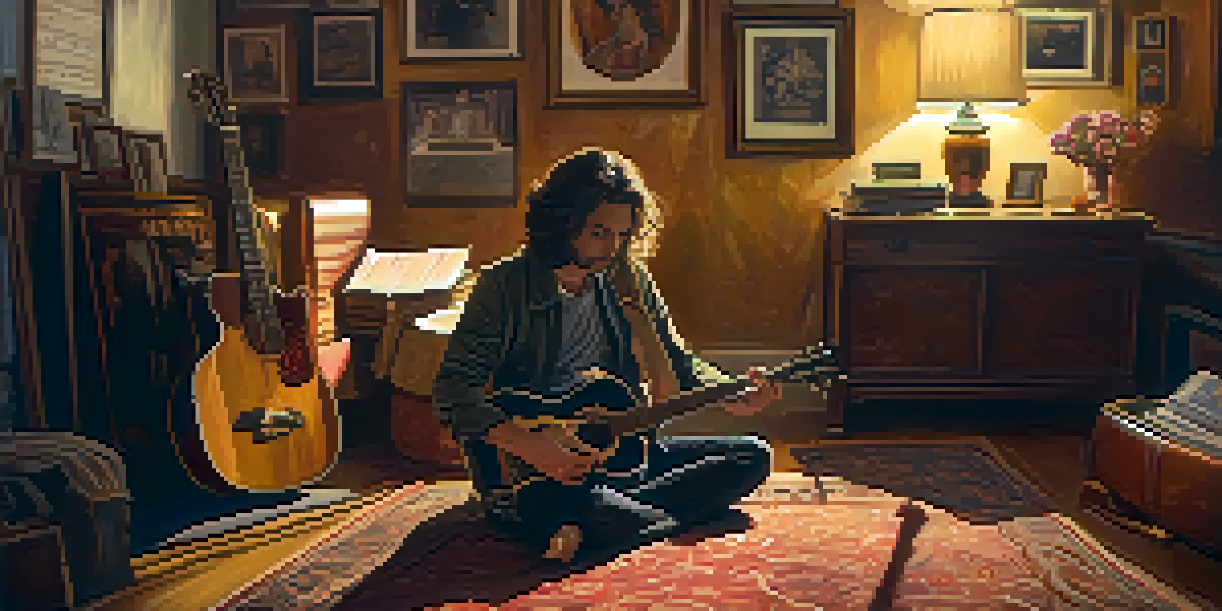 A guitarist in a cozy room, sitting cross-legged on a rug with eyes closed, visualizing performance, surrounded by music sheets and a guitar.