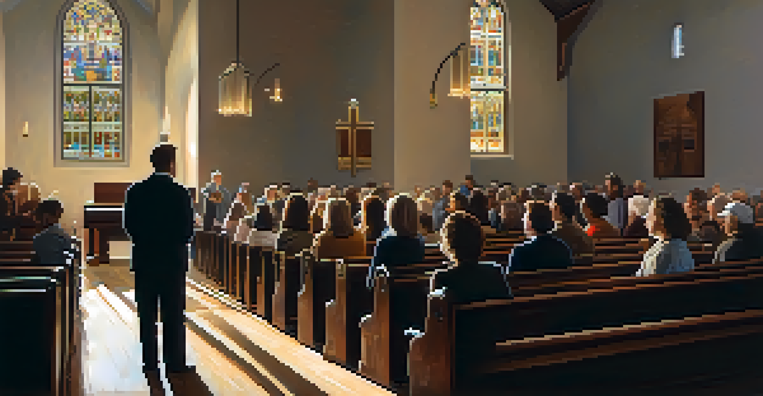 A cozy church gathering with a guitarist leading a group in song, illuminated by soft candlelight.