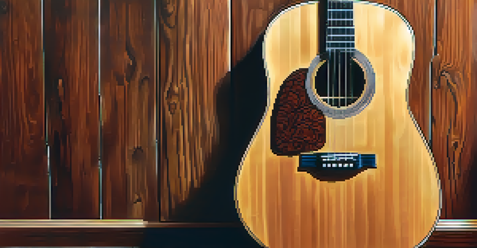 A close-up of an acoustic guitar leaning against a wooden wall, illuminated by sunlight.