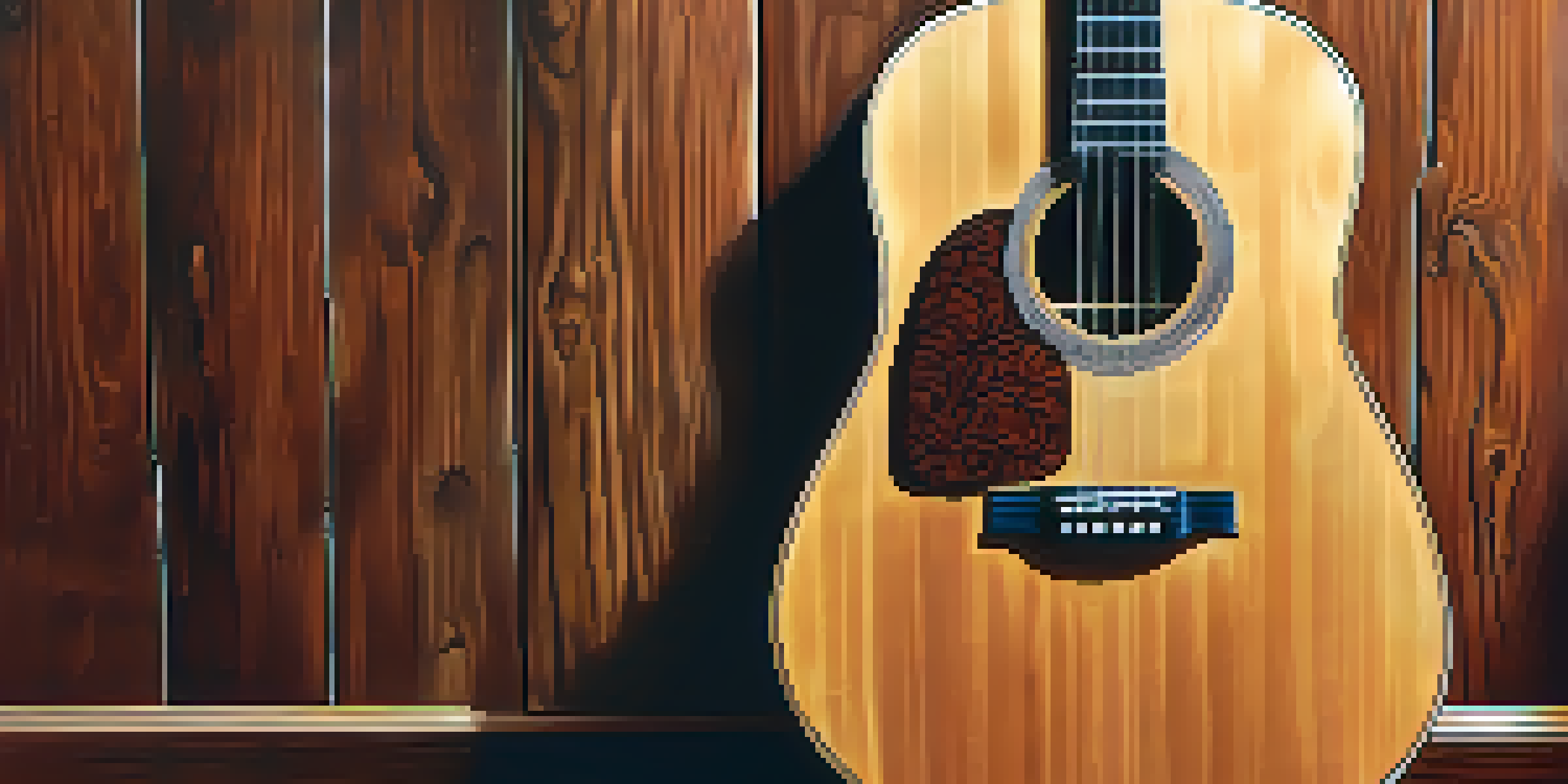 A close-up of an acoustic guitar leaning against a wooden wall, illuminated by sunlight.