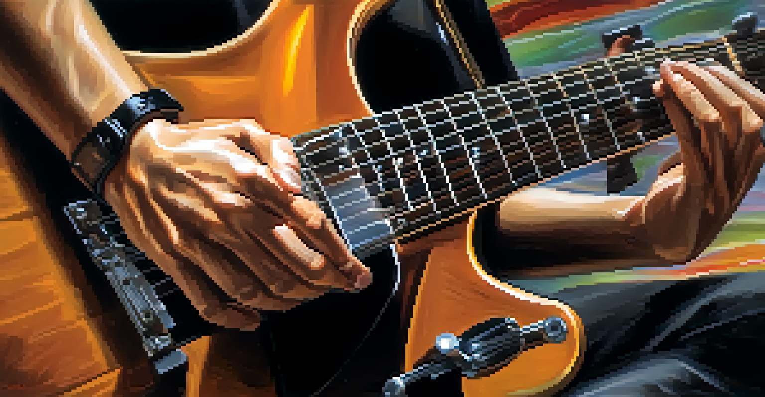 Close-up of a guitarist's hands on the fretboard, with musical notes and a metronome in the background.