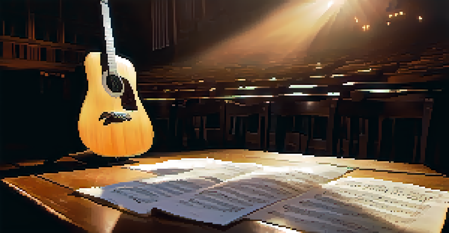 An acoustic guitar on a wooden stage with sheet music around it, illuminated by a spotlight.